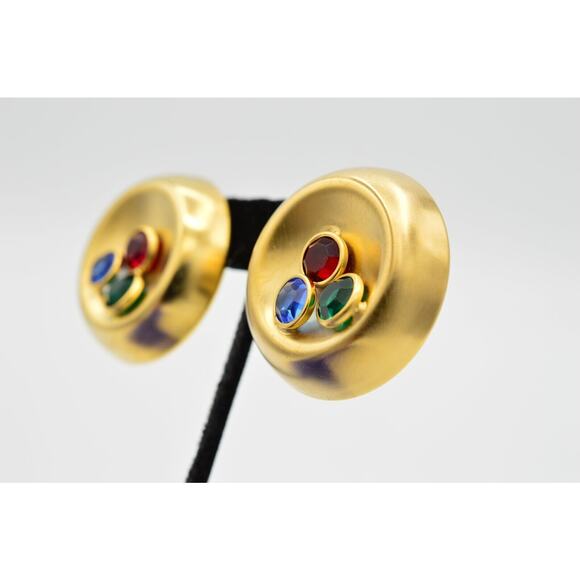 Vintage Crystal Clip Earrings Brushed Gold Rhinestone Chunky USA Signed NOS A21 - Picture 9 of 11